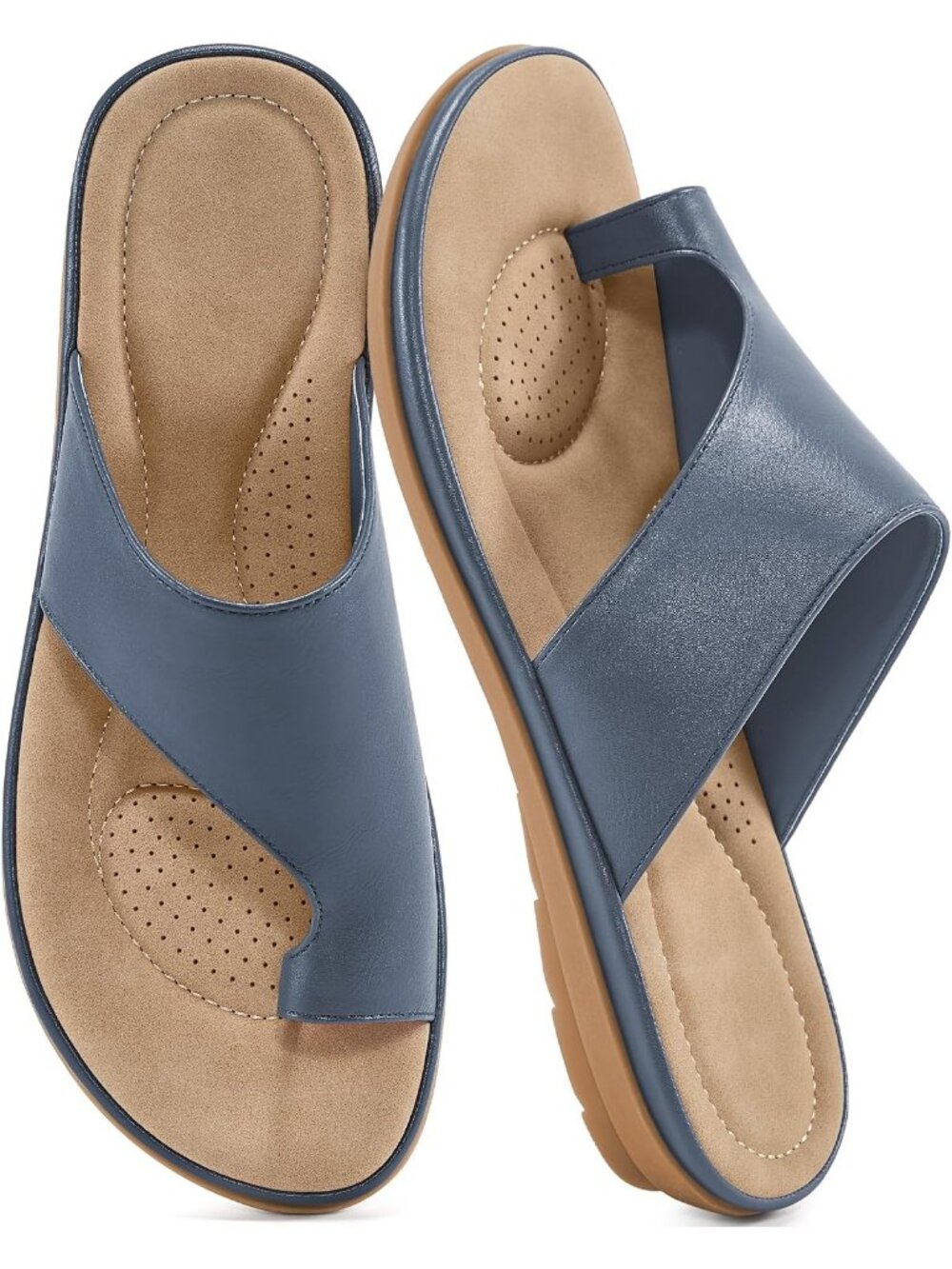 Women's Blue Leather Summer Flats Dressy Slides Soft Orthopedic Casual Shoes